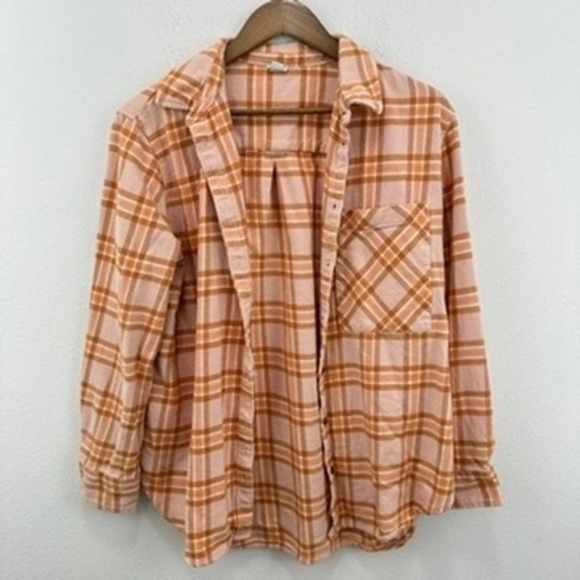Aerie Womens Plaid Flannel Shirt Shacket Button Up Long Sleeve Peach Orange - Picture 6 of 6